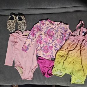 Bundle Of Colorful Girl Bathing Suits & Cover Up Dress with Leopard Swim Shoes